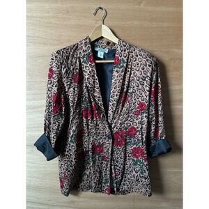 Vintage Kensington Square Petite Leopard Floral Blazer Jacket Womens P/M